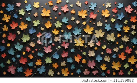 Autumnal plant leaves in different shapes and colors lined up next to each other 111199098