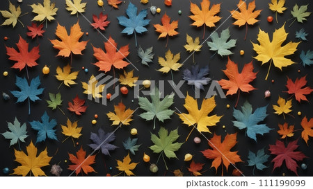 Autumnal plant leaves in different shapes and colors lined up next to each other 111199099