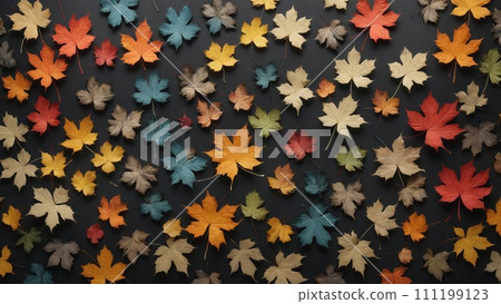 Autumnal plant leaves in different shapes and colors lined up next to each other 111199123