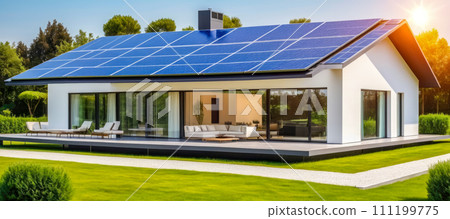 Modern home with solar panels on roof and lawn, showcasing sustainable living. Sun setting behind house illuminates interior, highlighting eco-friendly design and energy efficiency Modern home with solar panels on roof and lawn, showcasing sustainable living. Sun setting behind house illuminates interior, highlighting eco-friendly design and energy efficiency 111199775