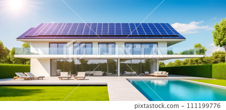 house has solar panels on roof. solar panels use the sun to make power. This is good for the earth. house is new and looks good. sun is setting 111199776