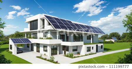modern house, equipped with solar panels, testament to eco-friendly living. panels, drawing power from sun, contribute to sustainable lifestyle. setting sun casts serene ambiance 111199777