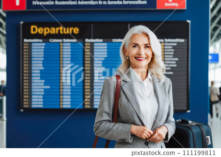 Elderly businesswoman at airport, grey blazer, white blouse, holding suitcase, standing near departure board, blue and yellow information display, flight schedule visible 111199811