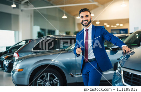 Professional car salesman stands proudly in upscale auto dealership, expertly guiding customers through selection process 111199812