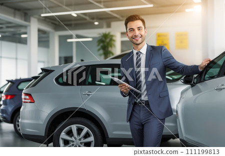 Successful car sales manager in professional attire, holding documents, presenting new model in modern car showroom 111199813