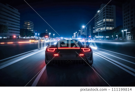 Sportscar races down night track, cityscape illuminated in distance. Tail lights streaking, reflecting off wet asphalt. High-speed pursuit under moonlit sky, urban skyline twinkling 111199814