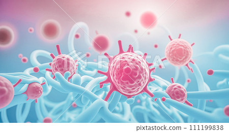 medical pharmaceutical research 3d background. Cancer Cells destroyed by oncogenic virus, cell modifying virus, biological therapy agents. Cancer Cells destroyed by oncogenic virus 111199838