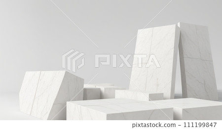 Product placement setting podium rough white stone slabs. Stone podium for display product. Background for cosmetic product branding, identity and packaging inspiration. 111199847