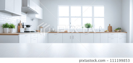 Empty tabletop, displaying product on white tabletop over blurred modern white kitchen. empty table top of kitchen island on white modern kitchen interior background. 111199853
