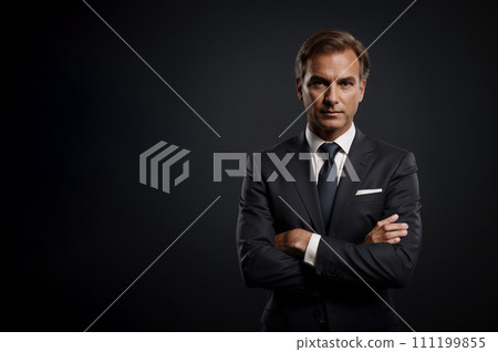 Successful businessman with crossed arms in magnificent suit stands on dark background. portrait of charismatic billionaire 111199855