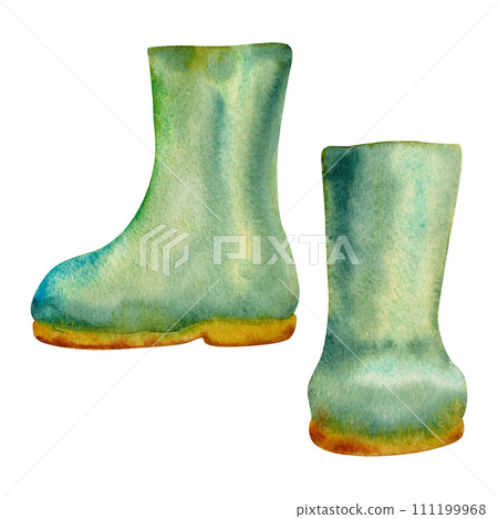 Hand drawn watercolor illustration spring gardening, footwear green rubber rain gum boots shoes wellington. Single object isolated on white background. Design print, shop, scrapbooking, packaging 111199968