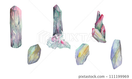 Hand drawn watercolor illustration precious semiprecious jewel gem crystal chakra birth stone. Tourmaline moonstone opal. Set of objects isolated white background. Design print, shop, jewelry, fashion Hand drawn watercolor illustration precious semiprecious jewel gem crystal chakra birth stone. Tourmaline moonstone opal. Set of objects isolated white background. Design print, shop, jewelry, fashion 111199969