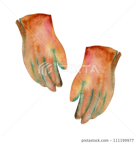Hand drawn watercolor illustration spring gardening tools, brown leather working gloves accessory. Single object isolated on white background. Design print, shop, scrapbooking, packaging, fashion Hand drawn watercolor illustration spring gardening tools, brown leather working gloves accessory. Single object isolated on white background. Design print, shop, scrapbooking, packaging, fashion 111199977