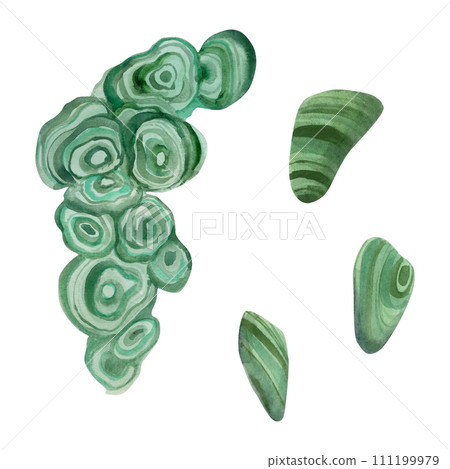 Hand drawn watercolor illustration precious semiprecious jewel gem crystal chakra birth stone. Malachite agate green. Set of objects isolated on white background. Design print, shop, jewelry, fashion 111199979