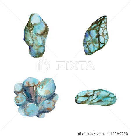 Hand drawn watercolor illustration precious semiprecious jewel gem crystal chakra birth stone. Turquoise chrysocolla. Set of objects isolated on white background. Design print, shop, jewelry, fashion 111199980