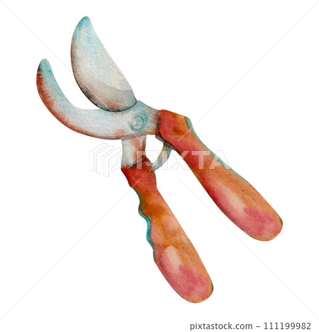 Hand drawn watercolor illustration spring gardening tools, cutting clipping pruning shears scissors secateur. Single object isolated on white background. Design print, shop, scrapbooking, packaging 111199982