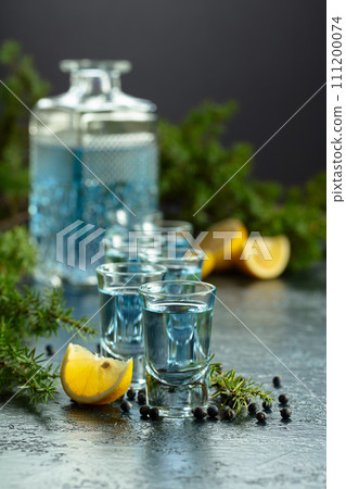 Gin with juniper berries and lemon slices. Gin with juniper berries and lemon slices. 111200074