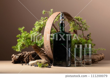 Gin in vintage bottle with rusty iron wheel, old snags, and juniper branches. Gin in vintage bottle with rusty iron wheel, old snags, and juniper branches. 111200079