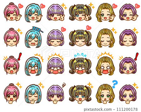 赤壁人物臉部表情圖示素材集，適合華麗髮色的女孩 111200178