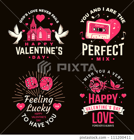 Set of vintage happy valentines day badge. Vector. Template for Valentines Day greeting card, banner, poster, flyer with red casino dice, doves, church, audio cassette tape, skeleton hand holding a 111200411