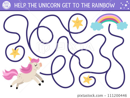 Unicorn maze for kids with fantasy horse with horn running to rainbow. Magic world preschool printable activity with stars. Simple fairytale labyrinth game or puzzle 111200446