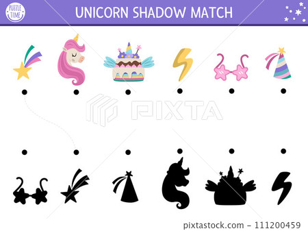 Unicorn shadow matching activity with rainbow cake, birthday cap, falling star. Magic world puzzle with cute characters. Find correct silhouette printable worksheet, game. Fairytale page for kids 111200459