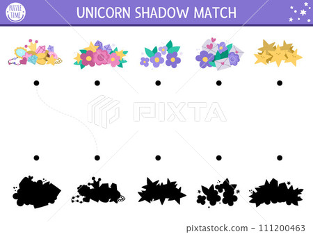 Unicorn shadow matching activity with treasures. Magic world puzzle with cute gem stone, crystal, flower, fallen stars. Find correct silhouette printable worksheet, game. Fairytale page for kids 111200463