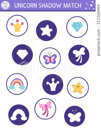 Unicorn shadow matching activity with rainbow, star, butterfly, crystal. Magic world puzzle with cute objects. Find correct silhouette printable worksheet, game. Fairytale page for kids 111200464