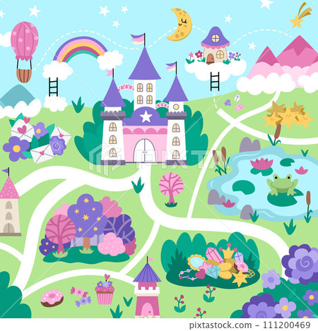 Unicorn village map. Fairytale background. Vector magic country scenes infographic elements with castle, rainbow, forest, pond, road. Fantasy world square plan with fallen stars, treasures Unicorn village map. Fairytale background. Vector magic country scenes infographic elements with castle, rainbow, forest, pond, road. Fantasy world square plan with fallen stars, treasures 111200469