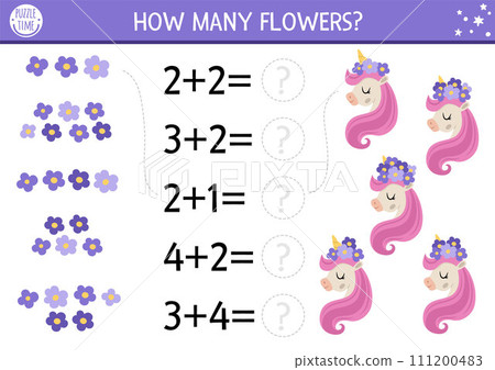 How many flowers game with cute unicorn head and pink mane. Magic, fairytale math addition activity for preschool children. Simple fantasy world printable counting worksheet for kids How many flowers game with cute unicorn head and pink mane. Magic, fairytale math addition activity for preschool children. Simple fantasy world printable counting worksheet for kids 111200483