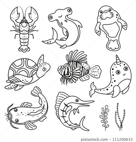 black and white set with ocean fishes black and white set with ocean fishes 111200633