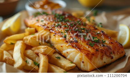 Close up view of delicious fish and chips. Fast food concept. 111200704