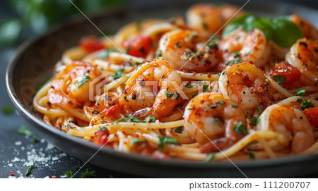 Close up view of delicious spaghetti with prawn. Western food concept. 111200707
