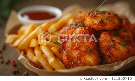 Close up view of delicious crispy fried chickens with chips. Fast food concept. Close up view of delicious crispy fried chickens with chips. Fast food concept. 111200710