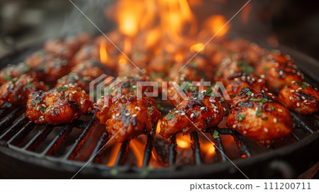 Close up view of delicious crispy bbq fried chickens. Food concept. 111200711