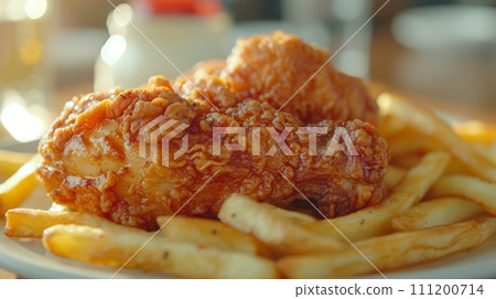 Close up view of delicious crispy fried chickens with chips. Fast food concept. 111200714