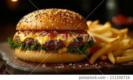 Close up view of delicious hamburger with chips. Fast food concept. 111200716