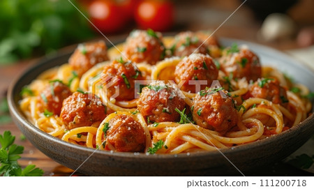 Close up view of delicious spaghetti with meat balls. Western food concept 111200718