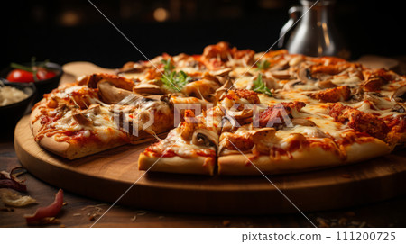 Close up view of delicious pizza. Fast food concept. 111200725