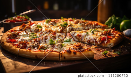 Close up view of delicious pizza. Fast food concept. 111200730