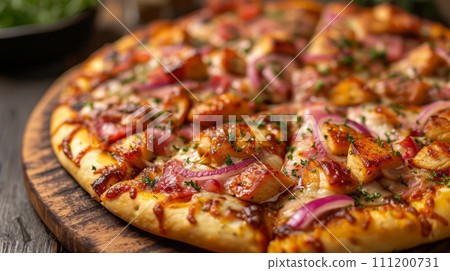 Close up view of delicious pizza. Fast food concept. 111200731