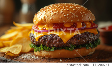 Close up view of delicious cheeseburger. Fast food concept. Close up view of delicious cheeseburger. Fast food concept. 111200751
