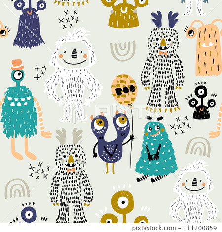 Childish seamless pattern with creative monsters characters. Funny monsters vector background.  111200859