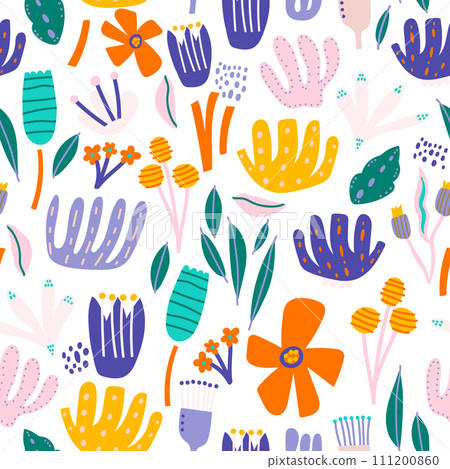 Seamless floral pattern with leaves, flowers and berries. Summer bright background.  111200860
