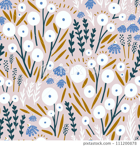 Seamless floral pink pattern with hand drawn flowers.  111200878