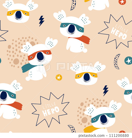 Seamless pattern with cute koala super hero.  111200880