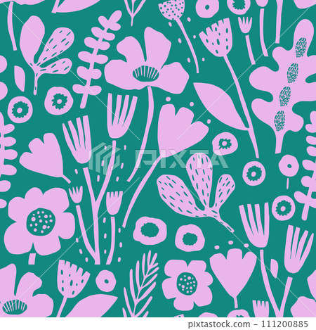 Seamless floral pattern with leaves and cutout flowers. Jungle green and lilac summer background. Seamless floral pattern with leaves and cutout flowers. Jungle green and lilac summer background. 111200885