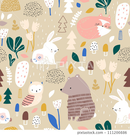 Seamless forest pattern with bear, bunny, owl, fox and forest elements . Seamless forest pattern with bear, bunny, owl, fox and forest elements . 111200886