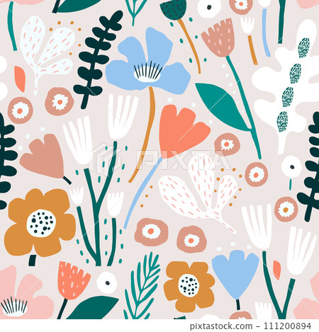 Seamless floral pink pattern with leaves and cutout flowers. Wild florals summer background.  111200894