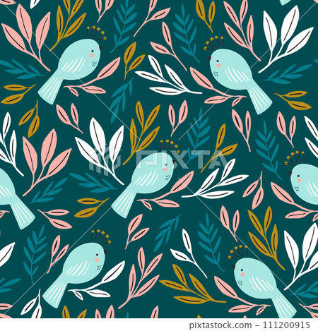 Seamless botanical pattern with white birds and delicate colorful leaves. Seamless botanical pattern with white birds and delicate colorful leaves. 111200915